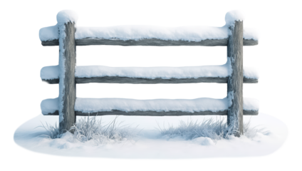Rustic Wooden Fence Covered in Fresh Snow Displaying Winter's Charm, Perfect for Seasonal Decor and Illustrations, Isolated on Transparent and White Background