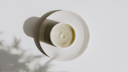 White cosmetic face cream or body lotion moisturizer strokes on white background in petri dish. Hygiene, skincare product with creamy texture. Beauty face creme smear swatch on color background