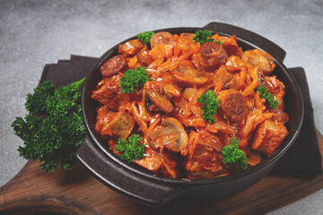 Bigos, bigus is a national Polish dish, made of cabbage and meat, stewed, homemade, no people,