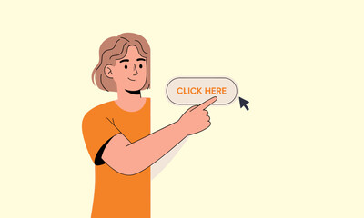Person Clicking "Click Here" Button. An illustration of a person pointing and clicking on a "Click Here" button, symbolizing online interaction, calls to action, and digital navigation.