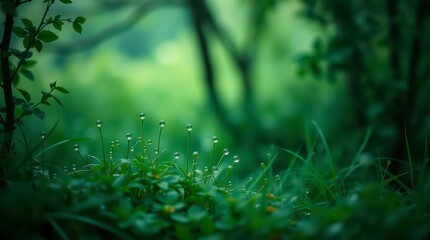 Obraz premium Dew-Kissed Grass in a Green Forest