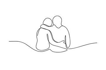 Continuous line drawing couple embracing sitting together