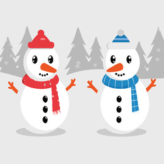 Two cheerful snowmen with colorful hats and scarves in winter landscape