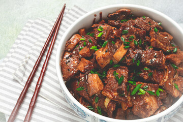bulgogi, with mushrooms, with sesame seeds and green onions, Korean cuisine, homemade, no people,
