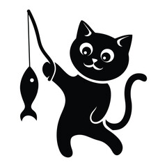 Sleek black cat silhouette in a vector illustration, ready to pounce on a fish.