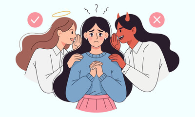 Moral Dilemma with Angel and Devil. Advising Woman faces a moral dilemma, with an angel whispering good advice and a devil whispering bad.