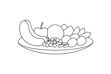 Line drawing of a plate of assorted fruits including apples, bananas, and grapes