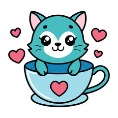 a smiling cat sitting in a teacup with hearts around white background.