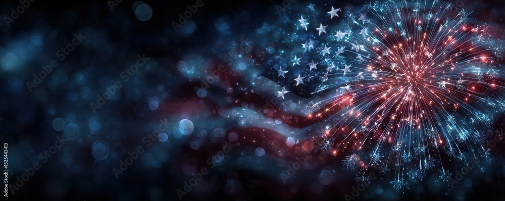 Poster abstract fireworks display resembling american flag with red white and blue sparks and bokeh effect