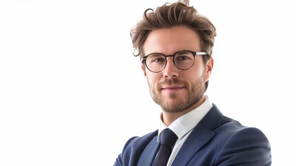 perfectly composed portrait of a businessman wearing glasses and a sleek new blue  suit