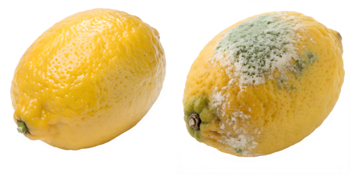 Healthy fresh and moldy rotten lemons isolated, food spoilage concept, comparison of decay