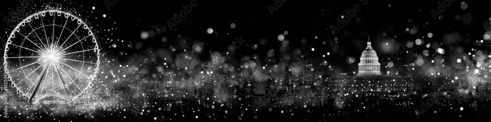 Poster abstract grayscale celestial swirl with bright particles on black background