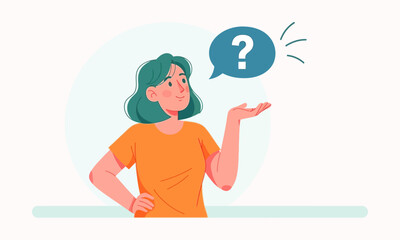 Confused Woman with Question Mark Speech Bubble. woman looking perplexed with a question mark in a speech bubble above her, symbolizing confusion, inquiry, or uncertainty