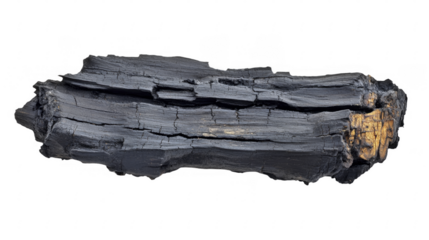 Detailed closeup of a piece of charcoal on a transparent background, PNG image, PNG file.