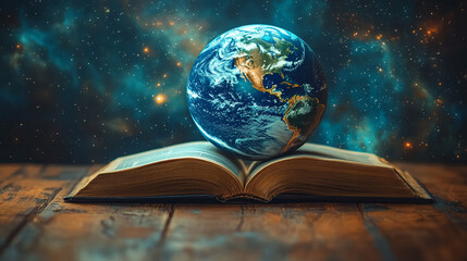 Earth globe resting on an open book, symbolizing reading, imagination, and global education. World map and stars in blurred background evoke learning, knowledge, and discovery.

