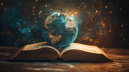Earth globe resting on an open book, symbolizing reading, imagination, and global education. World map and stars in blurred background evoke learning, knowledge, and discovery.

