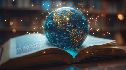 Earth globe resting on an open book, symbolizing reading, imagination, and global education. World map and stars in blurred background evoke learning, knowledge, and discovery.


