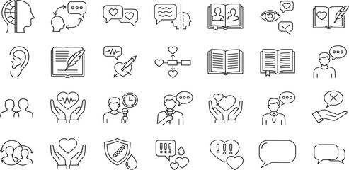 Fototapeta premium AI emotional dialogue line icon set. Vector pictograms of conversation, empathy, therapy, support chat, feedback, identity, understanding, thin linear illustration
