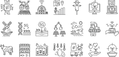 Agriculture technology line icon set. Vector pictograms of agri-tech drone, robot, tractor, chip, sensor, irrigation, biotech,thin linear illustration