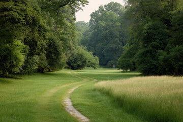 Obraz premium secluded path winding through lush green meadow surrounded by tall grass and wildflowers