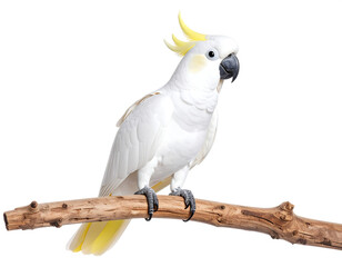 Sulphur crested cockatoo perched with yellow crest on white background