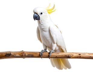 Sulphur crested cockatoo perched on branch against white background