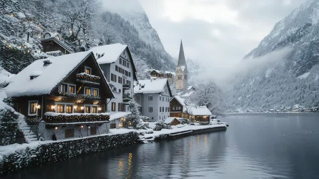 A picturesque lakeside village with snow-covered houses and a church spire, nestled among wintry mountains.