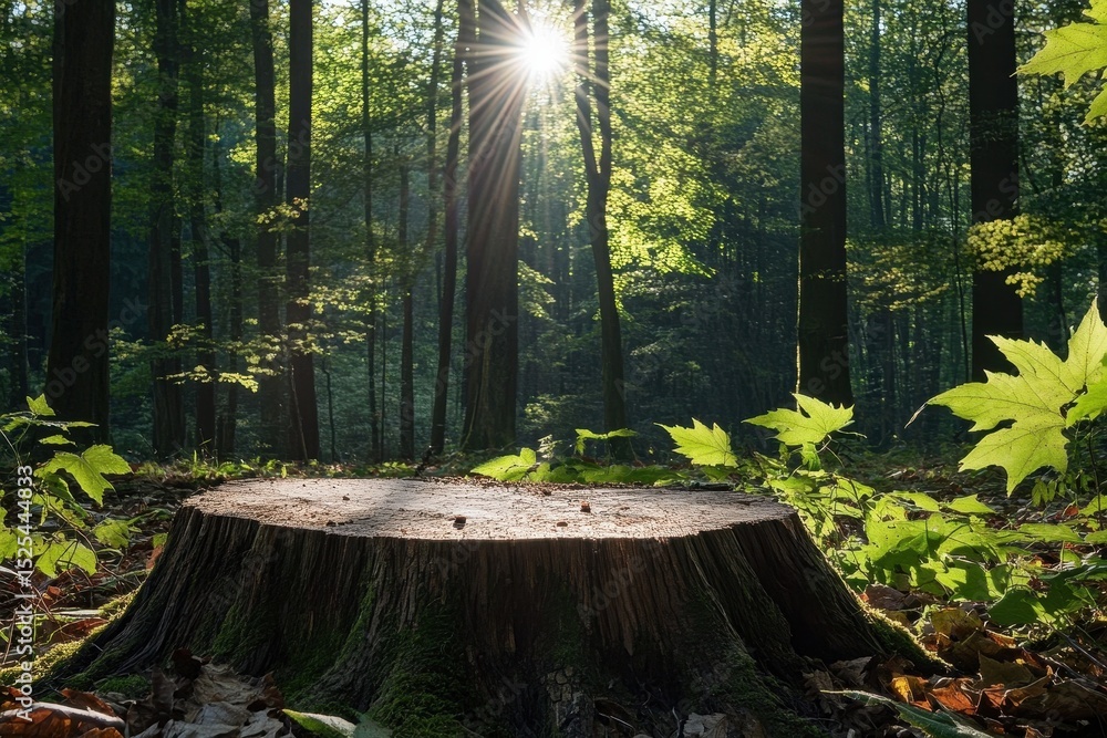 Poster sunlight filters through leaves illuminating a tree stump in a tranquil forest, sunlight shining thr