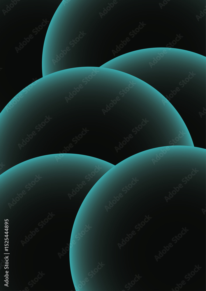 Poster Abstract background with series of large, overlapping, semi-circular shapes with a soft turquoise glow around the edges. Deep black background, forming a visually smooth, futuristic gradient effect.