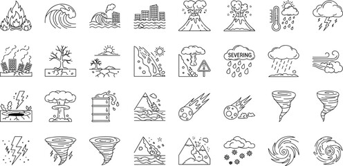 Disaster, weather hazard line icon set. Vector pictograms of natural and environmental calamities, wildfire, earthquake, tornado, flood, tsunami, volcanic eruption, blizzard thin linear illustratio.