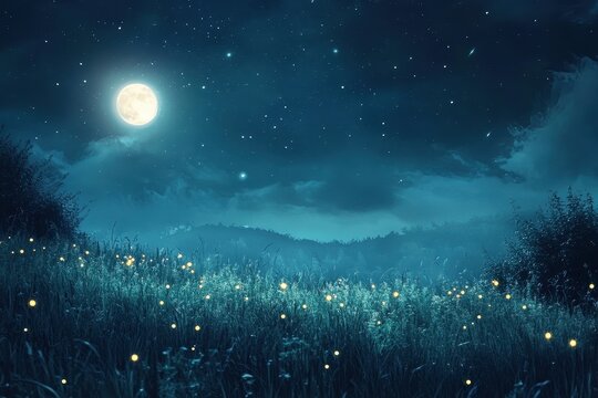 Moonlit meadow filled with fireflies under a starlit sky in a serene nighttime landscape, Moonlit meadow with fireflies under a starlit sky, fantasy Photo background - Powered by Adobe