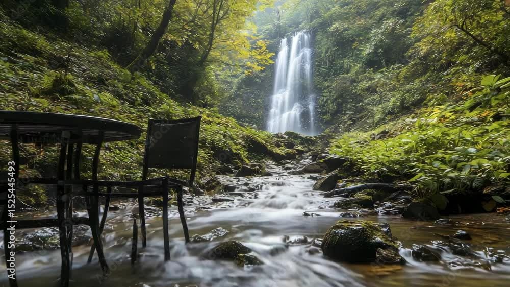 Poster A serene table and chairs sit in a forest stream with a beautiful waterfall cascading in the background.