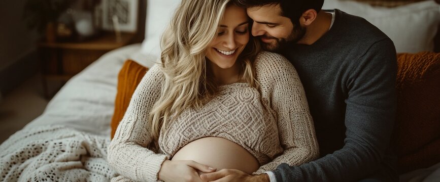 A beautiful moment between a pregnant woman and her partner on the bed - Powered by Adobe