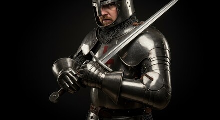 Naklejka premium Armored Fighter in Combat Stance with Two-Handed Sword