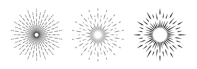 A set of sun rays on a light background. Solar bursts, elements of a shining star. Vintage labels, badges, fireworks, logos or inscriptions. Vector Eps 10.