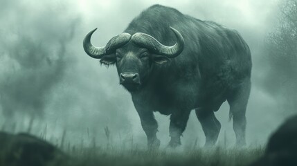 Majestic Cape Buffalo in Misty Savannah