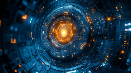 Futuristic circular HUD interface design with abstract vector elements on a dark background. High-tech digital display ideal for UI, innovation, and technology communication visuals.

