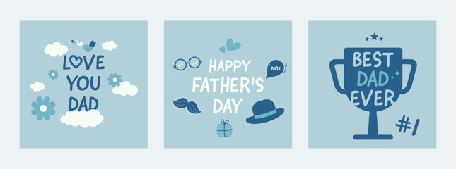 Cheerful Father's Day design featuring three blue-toned panels with fun dad-themed icons.