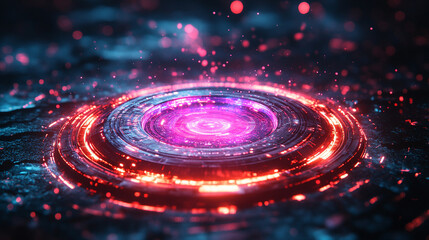 Futuristic circular HUD interface design with abstract vector elements on a dark background. High-tech digital display ideal for UI, innovation, and technology communication visuals.

