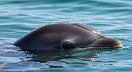A close up of a dolphin's head partially submerged in clear blue water with slight ripples visible