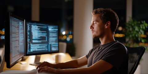 Young caucasian male programmer working on dual monitors in modern office at night