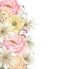 Watercolor floral card with flowers. Hand drawn botanical illustration