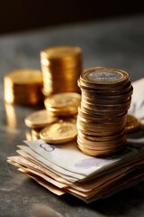 Stacks of gold coins and cash bills on a table