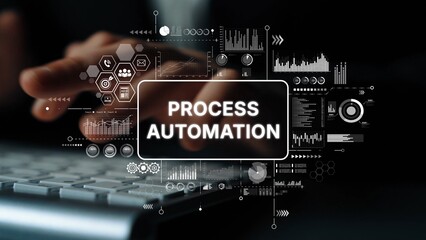 Modern Process Automation Concept with Data Visualizations and Technology Interface Overlaid on...
