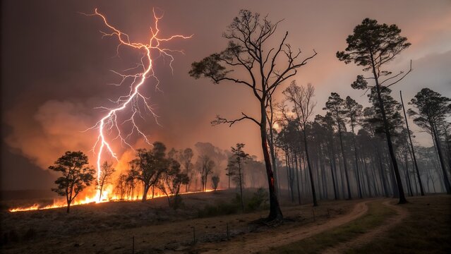 A striking image of lightning igniting a forest fire, illustrating the dangers of wildfires and their rapid spread in natural landscapes.