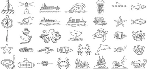 Marine Life, Nautical Elements line icon set. Vector pictograms of sea creatures, sailing, underwater exploration, sailboat, lighthouse, ship, anchor, compass, coral reef thin linear illustration.