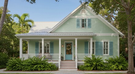 Key West Style Cottage with Green Siding and Blue Shutters