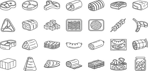 Meat product line icon set. Vector pictograms of kebab, shashlik, ground beef, tartare, carpaccio, patty, pie, casserole, thin linear illustration