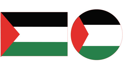 Palestine Flag, Palestine National flag has tricolor of 03 equal horizontal stripes black, white and green from top to bottom overlaid by red triangle from the hoist. Rounded and Rectangular flag.