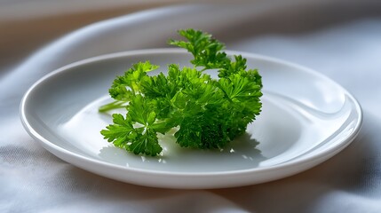 Fresh Parsley Sprig on a White Plate
